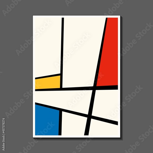 Fashion poster inspired by postmodern Piet Mondrian. Neoplasty, Bauhaus. Useful for interior design, background, poster design, first page of the magazine, high-tech printing, cover.