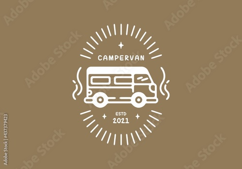 Brown white color of campervan line art badge