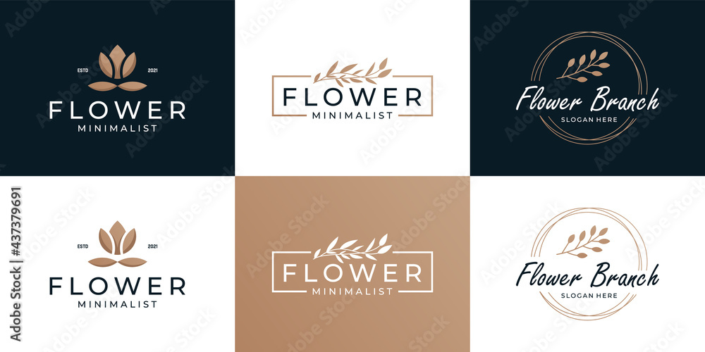 Set of beauty branch and bouquets frame with luxury minimalist logo collection.
