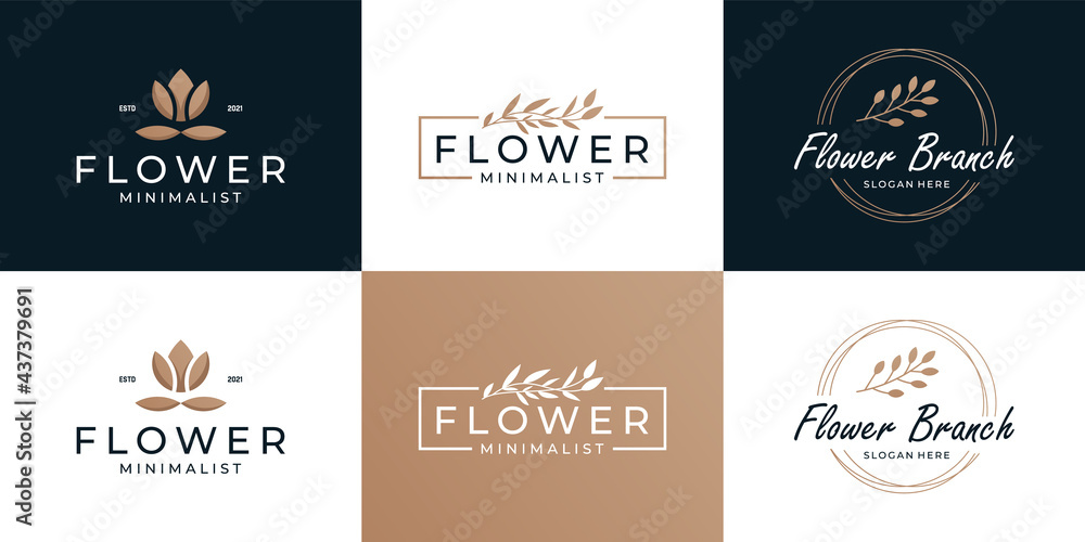 Set of beauty branch and bouquets frame with luxury minimalist logo collection. Set of beauty branch and bouquets frame with luxury minimalist logo collection.