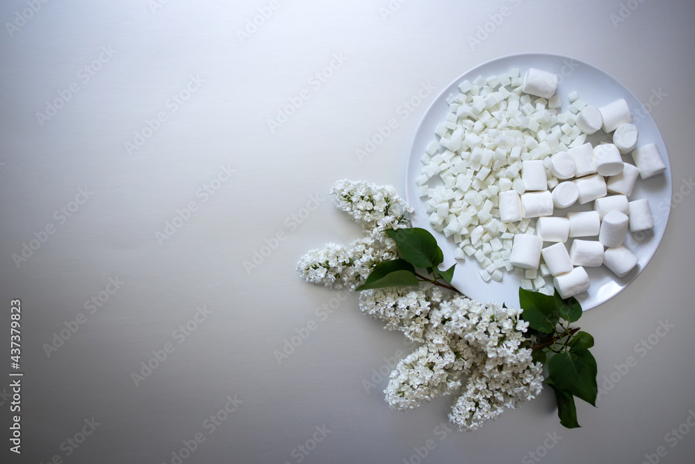 white marshmallows on a plate with sweets, white lilac on a light background