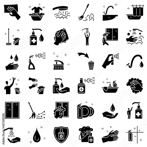 Cleaning and disinfection of surfaces, windows. Removal of stains from clothes, washing hands, cleaning of dishes, hygiene, antibacterial processing, bathroom. Set of icons, vector, glyph, 48x48 pixel