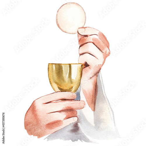 Watercolor illustration. Holy Communion, Last Supper. A bowl of wine, bread, grapes and ears of wheat. Easter service, Catholicism