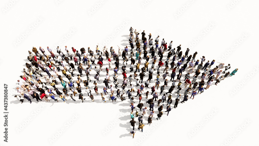 Concept conceptual large community of people forming the road sign. 3d illustration metaphor for navigation, strategy, journey, guidance, choice and decision Concept conceptual large community of people forming the road sign. 3d illustration metaphor for navigation, strategy, journey, guidance, choice and decision