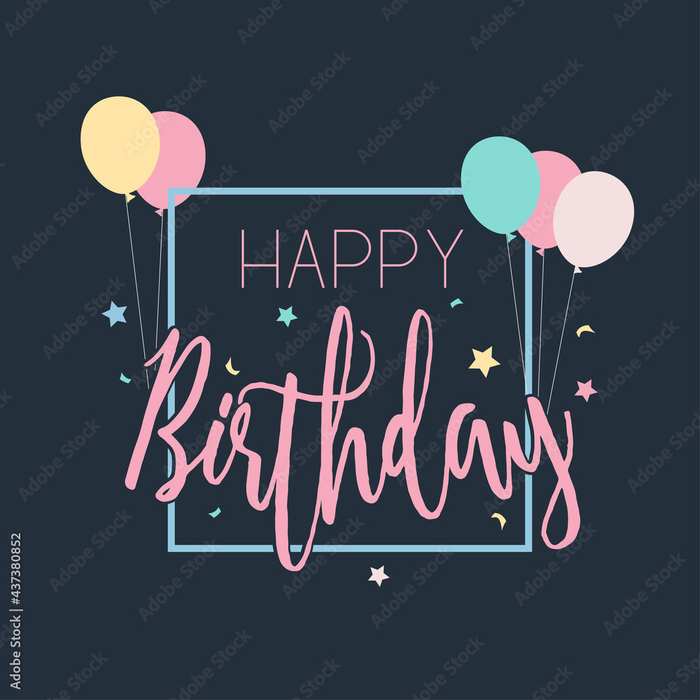 Happy Birthday Wishes Square Frame with Confetti, Star, and Bunch of Balloon. Suitable for Greeting Card, Poster, Invitation, Banner, and social media.