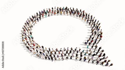Concept conceptual large community of people forming the emplty cloud sign. 3d illustration metaphor for communication, online talking, chatting, internet discussion photo