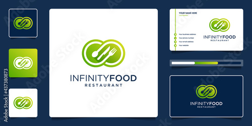 Creative food logo design branding. Unique infinity with fork, spoon and knife combination.