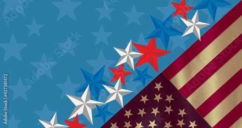 Composition of american flag and stars on blue background
