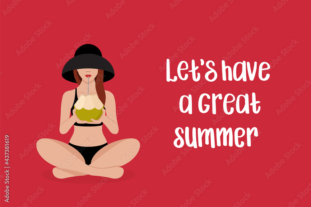 Summer greeting card. Red-haired girl in swimsuit and hat sits in lotus position and drinks coconut water from coconut. Handwritten text Summer greeting card. Red-haired girl in swimsuit and hat sits in lotus position and drinks coconut water from coconut. Handwritten text