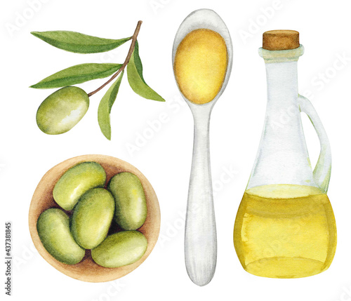 Watercolor olive oil in bottle. Olive oil in a spoon. Olives in a plate and in a branch. Natural organic healthy food illustration set