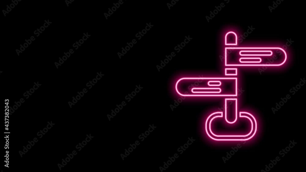 Glowing neon line Road traffic sign. Signpost icon isolated on black background. Pointer symbol. Isolated street information sign. Direction sign. 4K Video motion graphic animation Glowing neon line Road traffic sign. Signpost icon isolated on black background. Pointer symbol. Isolated street information sign. Direction sign. 4K Video motion graphic animation