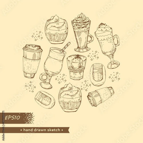 Hand drawn sketch of different coffee drinks and cakes.