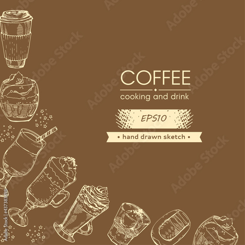 Hand drawn sketch with different coffee drinks and cooking.