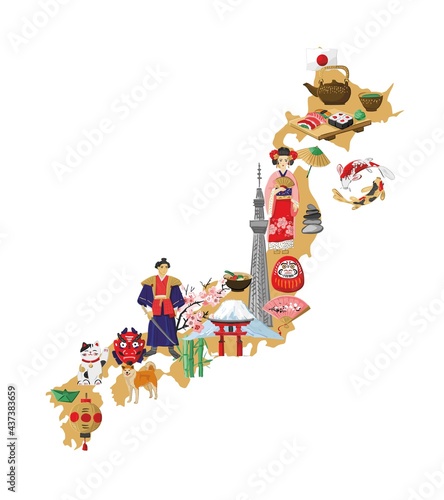 Decorative tourist map with traditional Japanese symbols, architecture, nature isolated on white. Silhouette of the country of Japan with cities for travel guides, souvenirs. Vector illustration