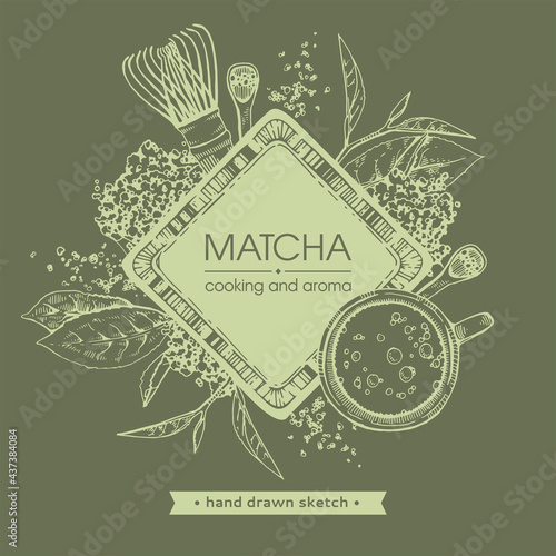 Hand-drawn sketch different matcha tools and cooking.