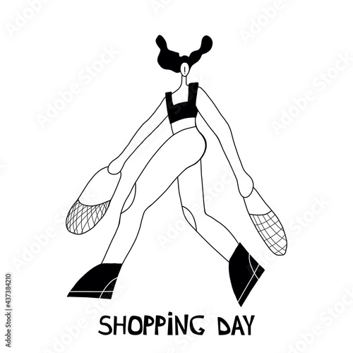 Vector illustration. Woman shopping with shopping cart. Cartoon character.