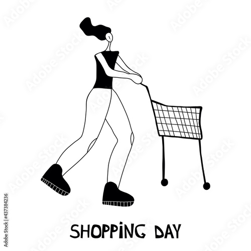 Vector illustration. Woman shopping with shopping cart. Cartoon character.