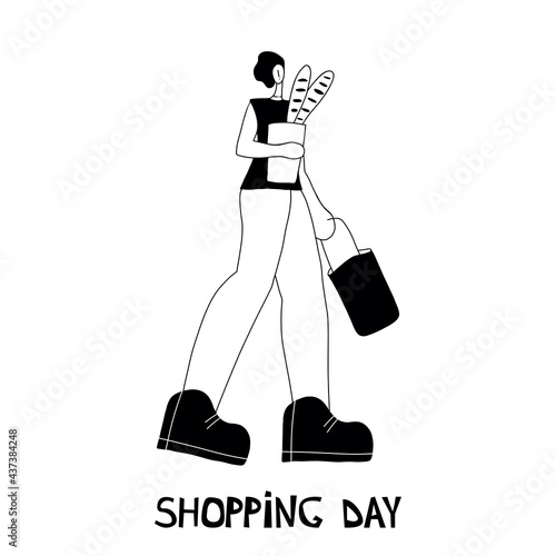 Vector illustration. Woman shopping with shopping cart. Cartoon character.