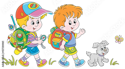 Cheerful little boys backpackers with a tourist compass and rucksacks, friendly smiling, talking and walking with their merry pup on summer vacation, vector cartoon illustration isolated on white