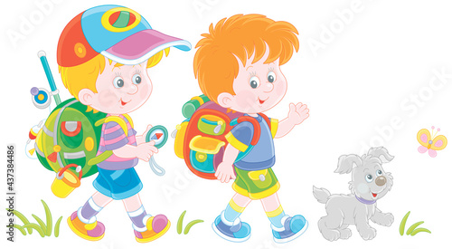 Cheerful little boys backpackers with a tourist compass and rucksacks, friendly smiling, talking and walking with their merry pup on summer vacation, vector cartoon illustration isolated on white