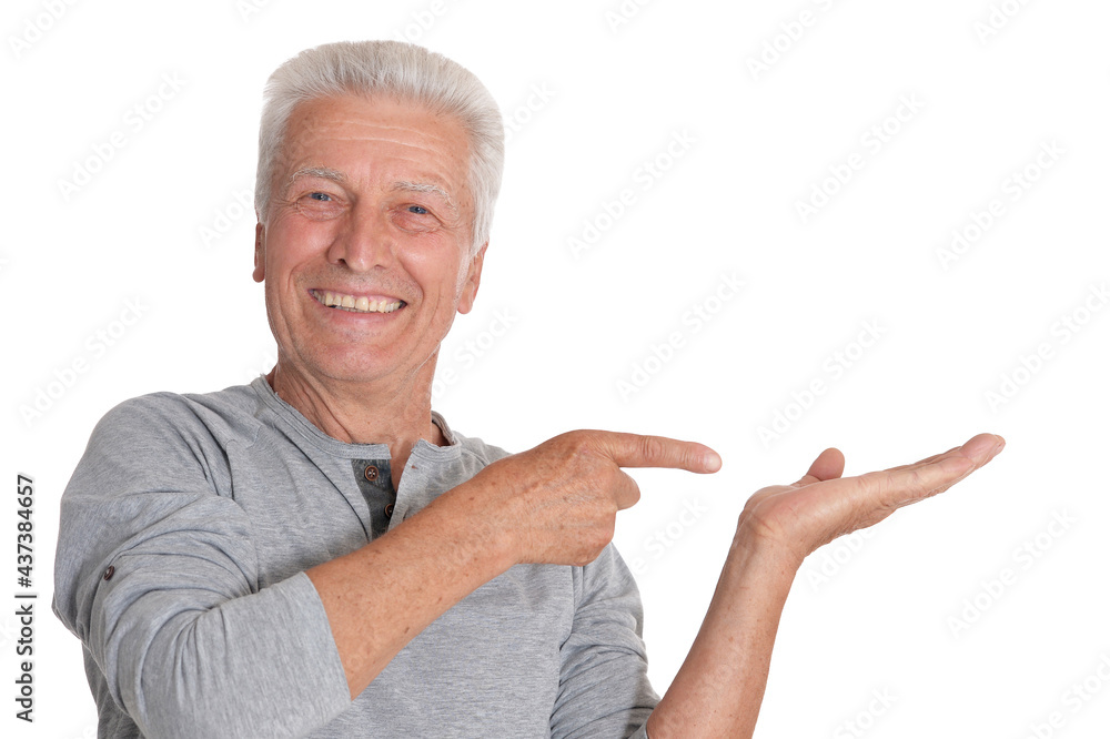 portrait of senior man showing something portrait of senior man showing something