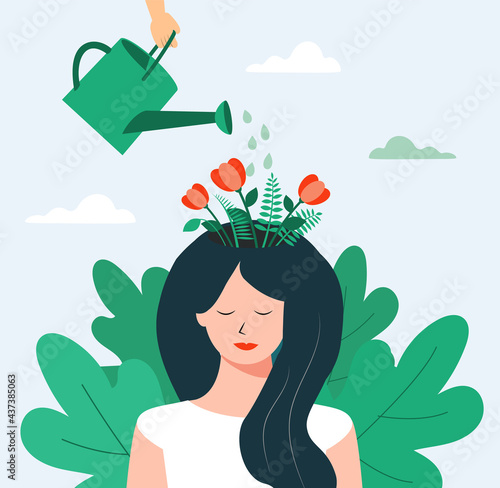 Psychology, mental health concept. Flowers and plants grow from woman’s head. Human hand watering them. Vector illustration 