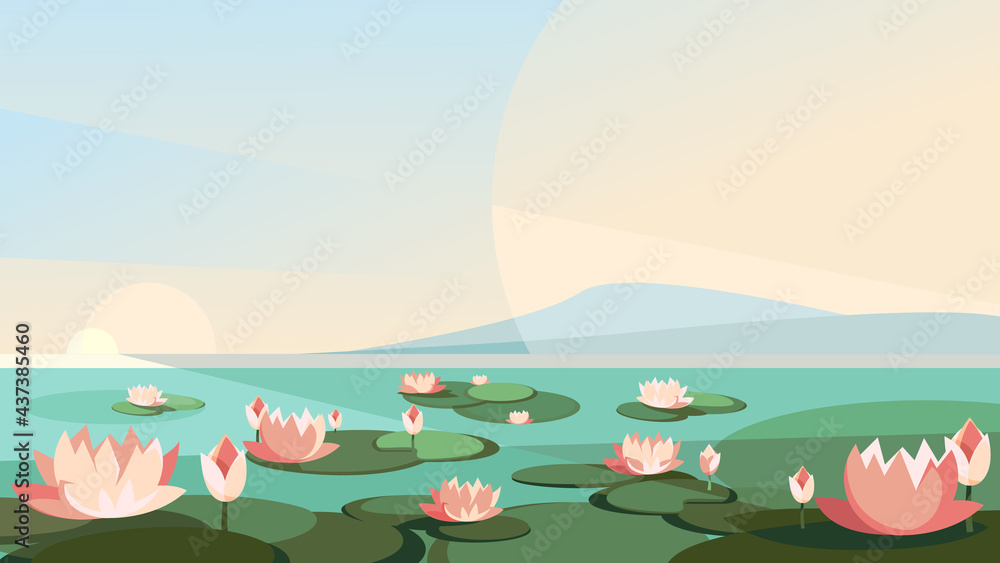 Landscape with lotuses on the river. Beautiful natural scenery. Landscape with lotuses on the river. Beautiful natural scenery.