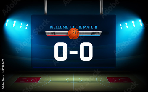 Begin of basketball match graphic elements. Illuminated basketball arena with scoreboard