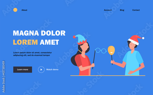 Happy people in masquerade costumes with masks. Festival, event, fun flat vector illustration. Celebration and holiday concept for banner, website design or landing web page