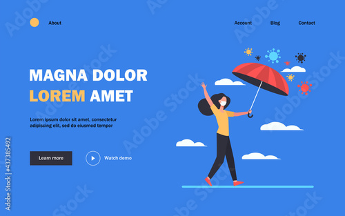 Woman in face masks protecting from virus. Coronavirus, umbrella, walking outdoors flat vector illustration. Virus, pandemic, protection concept for banner, website design or landing web page