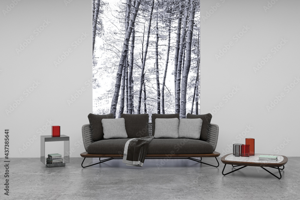 Fototapeta premium Illustration 3D rendering large luxury modern bright interiors Living room mockup computer digitally generated image