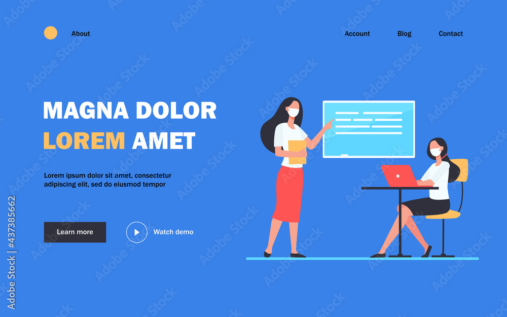 Teacher in mask explaining lesson to student. Laptop, distance, lecturer flat vector illustration. Pandemic and education concept for banner, website design or landing web page Teacher in mask explaining lesson to student. Laptop, distance, lecturer flat vector illustration. Pandemic and education concept for banner, website design or landing web page