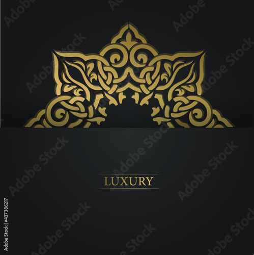 Gold arabic ornament greeting card on a black background.  Black style background with golden frame. Template for logo  name of the company  typography. Golden luxury product label. Web icon banner