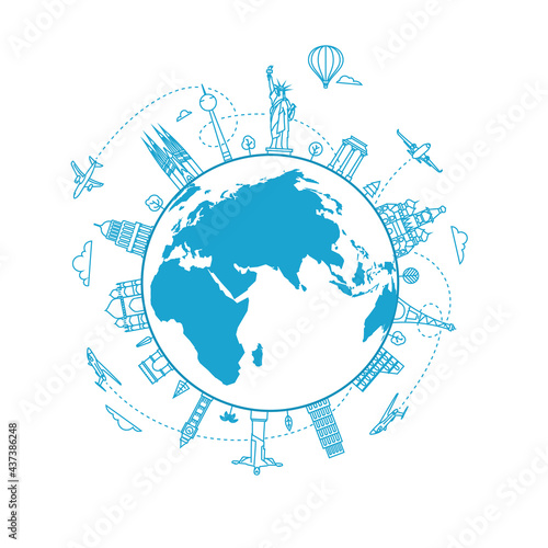 Travel concept with the Earth with world city sights. Linear vector illustration