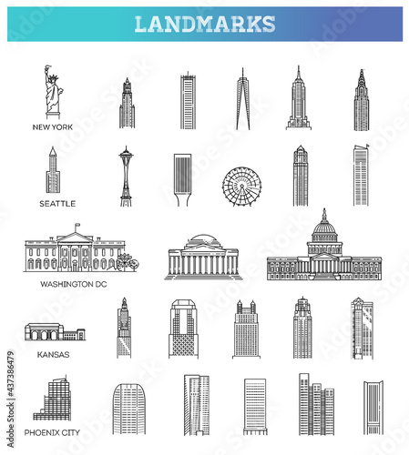 Simple linear Vector icon set representing global tourist american landmarks and travel destinations for vacations