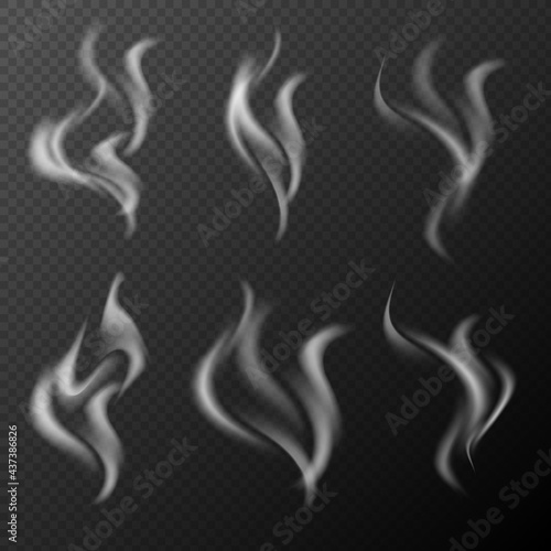 Vector realistic smoke or steam set isolated on dark transparent background. Detailed 3d white smoke steam, waves from coffee, tea, cigarettes, hot food. Fog and mist effect. Vector illustration EPS10