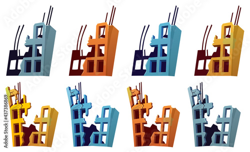 Destroyed building after earthquake, storm, tornado, natural disaster. Set derelict broken house after war. Cartoon game object isolated on white background.