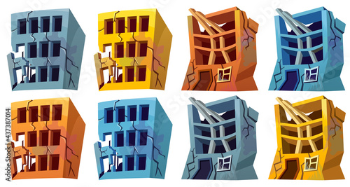 Destroyed building after earthquake, storm, tornado, natural disaster. Set derelict broken house after war. Cartoon game object isolated on white background.