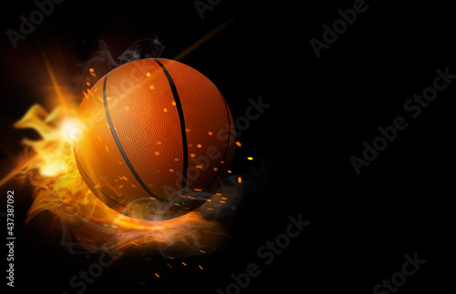 Basketball ball with bright flame on black background, space for text © New Africa