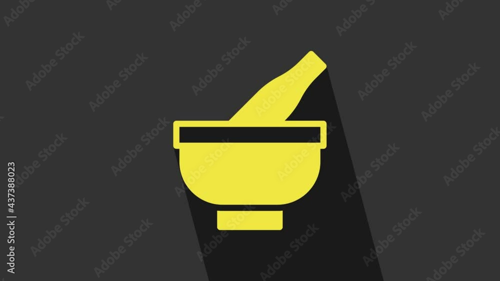 Yellow Mortar and pestle icon isolated on grey background. 4K Video motion graphic animation Yellow Mortar and pestle icon isolated on grey background. 4K Video motion graphic animation