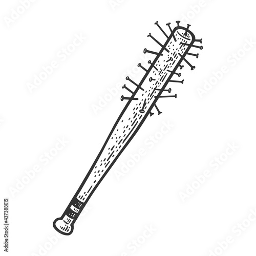 baseball bat cudgel club with nails line art sketch engraving vector illustration. T-shirt apparel print design. Scratch board imitation. Black and white hand drawn image.