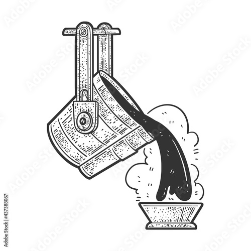 steel ladle pouring metal line art sketch engraving vector illustration. T-shirt apparel print design. Scratch board imitation. Black and white hand drawn image.