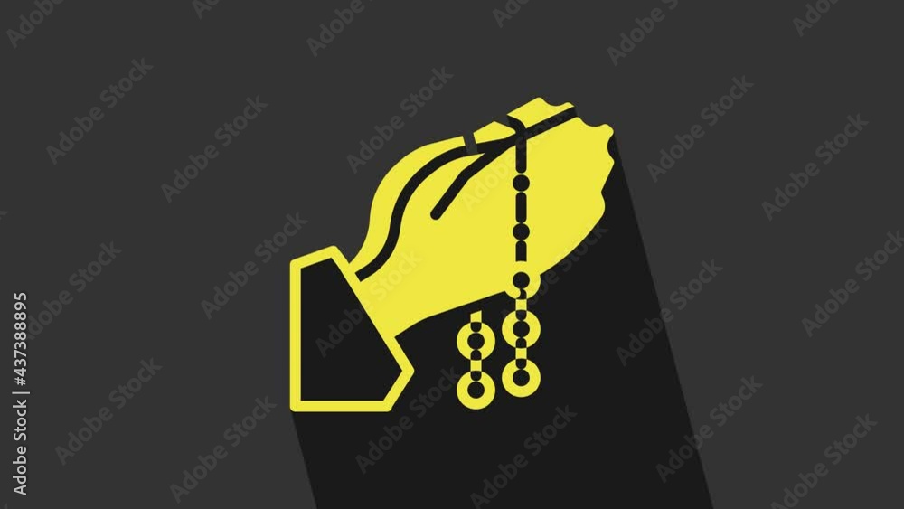 Yellow Hands in praying position with rosary icon isolated on grey background. Praying hand islam muslim religion spirituality religious. 4K Video motion graphic animation Yellow Hands in praying position with rosary icon isolated on grey background. Praying hand islam muslim religion spirituality religious. 4K Video motion graphic animation