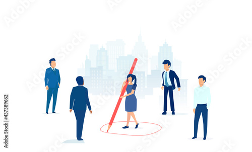 Vector of a business woman keeping  distance away from a group of businessmen by drawing a circle around her