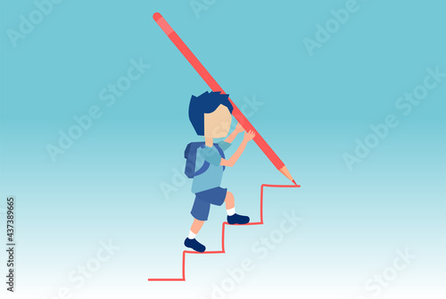 Vector of a boy drawing rising up staircase with a huge pencil and climbing up the ladder.