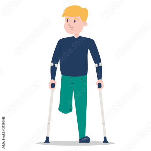 Little boy on crutches vector isolated. Injured kid, amputated leg. Concept of people with disability. Handicapped child. Injured person.