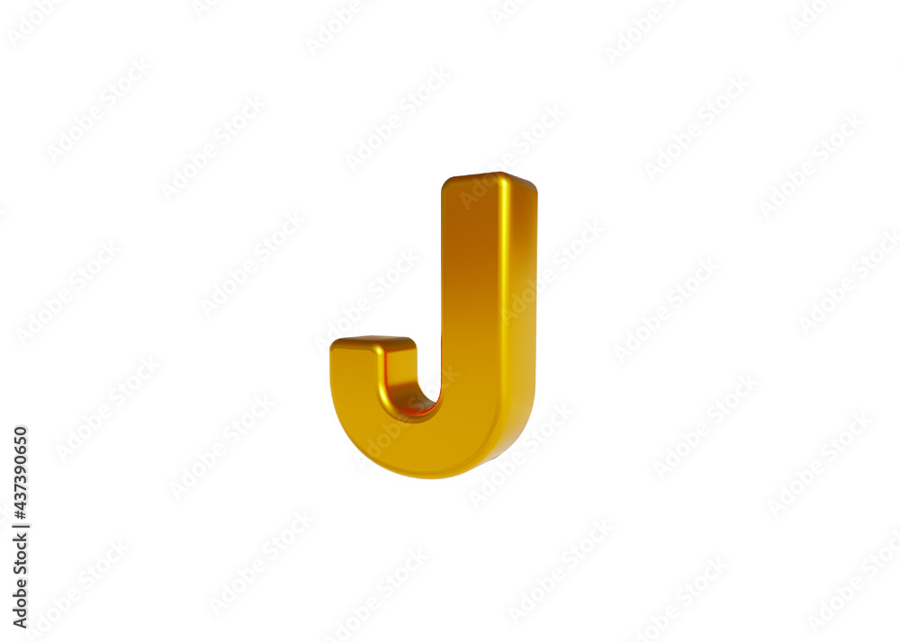 Volumetric glossy Golden Metallic uppercase letter J isolated on white background. 3D rendered alphabet. Modern font for banner, poster, cover, logo design template element. Volumetric glossy Golden Metallic uppercase letter J isolated on white background. 3D rendered alphabet. Modern font for banner, poster, cover, logo design template element.