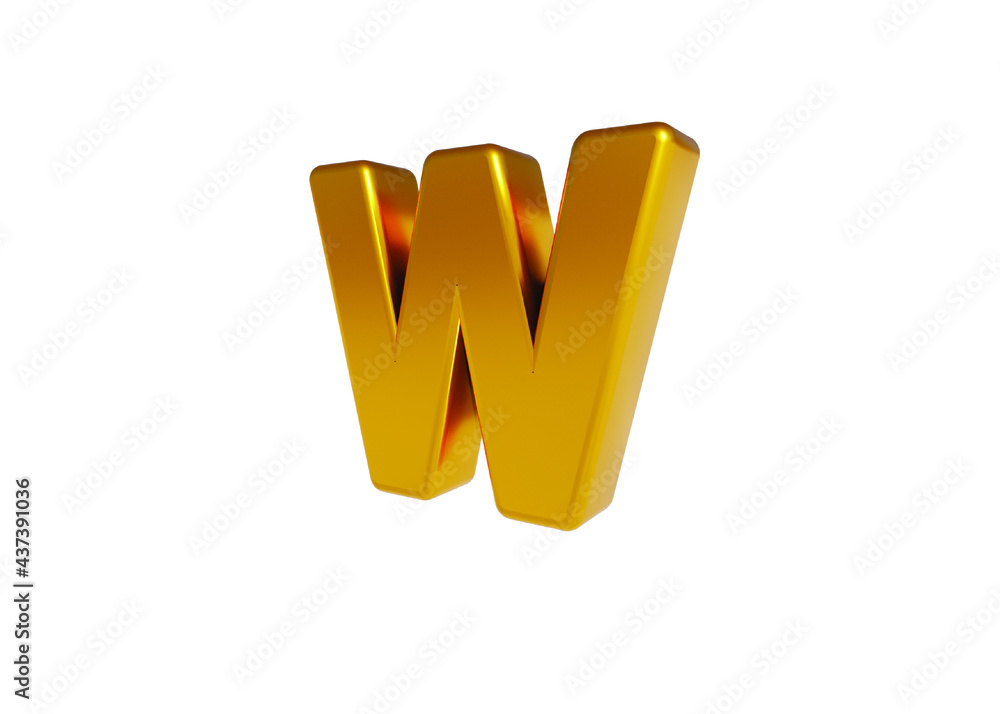 Volumetric glossy Golden Metallic uppercase letter W isolated on white background. 3D rendered alphabet. Modern font for banner, poster, cover, logo design template element. Volumetric glossy Golden Metallic uppercase letter W isolated on white background. 3D rendered alphabet. Modern font for banner, poster, cover, logo design template element.