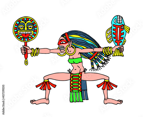 dancing shaman woman with fish and frying pan, wild mexican housewife, color vector illustration with black contour lines isolated on a white background in a hand drawn and cartoon style