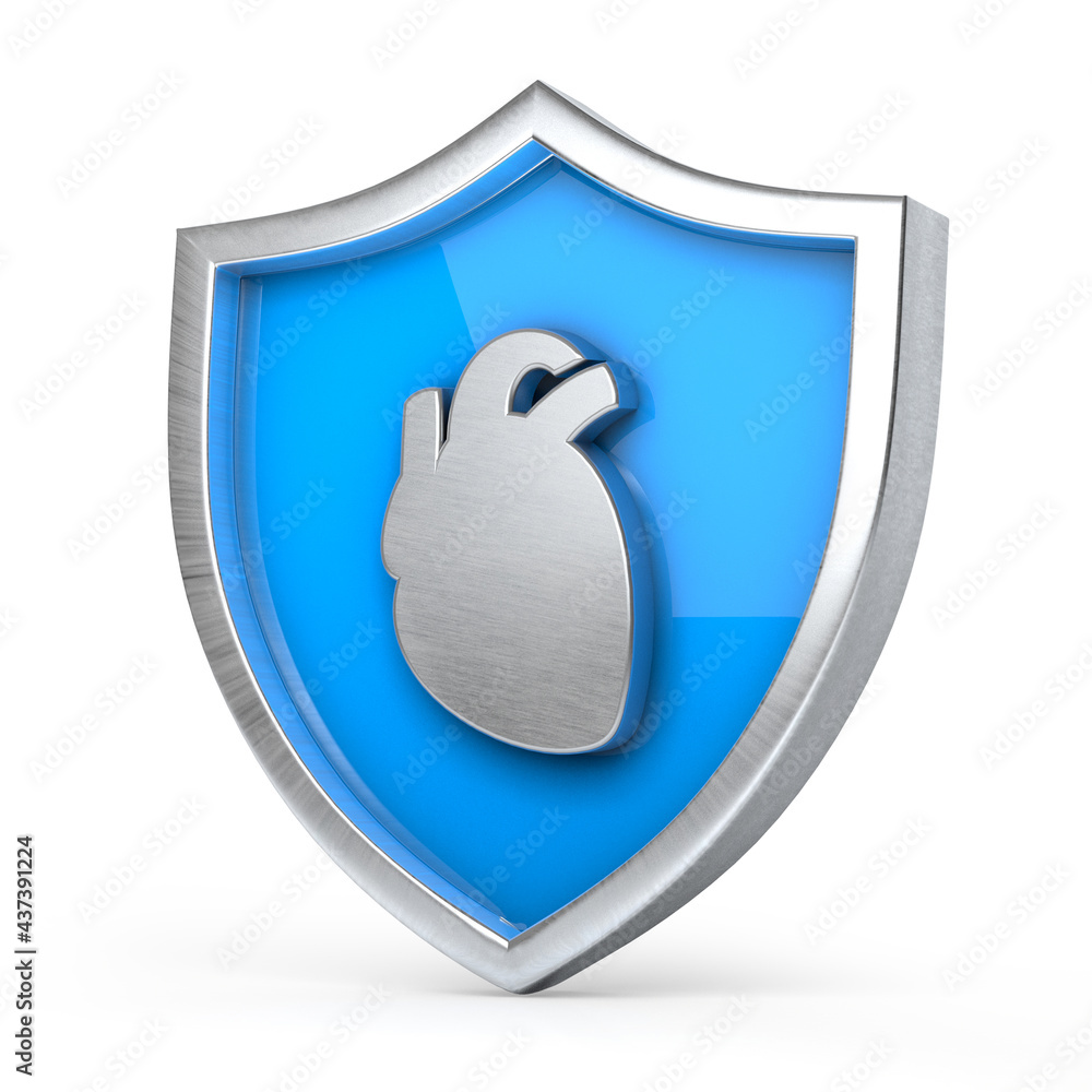 Metal shield with the silver heart icon on white background. Organ safety concept. 3d illustration.
Metal shield with the silver heart icon on white background. Organ safety concept. 3d illustration.